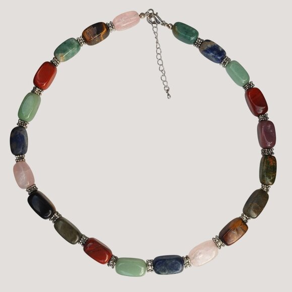 Multicolor Gemstone Beaded Necklace With Silver Accents Adjustable Chain - Picture 1 of 9